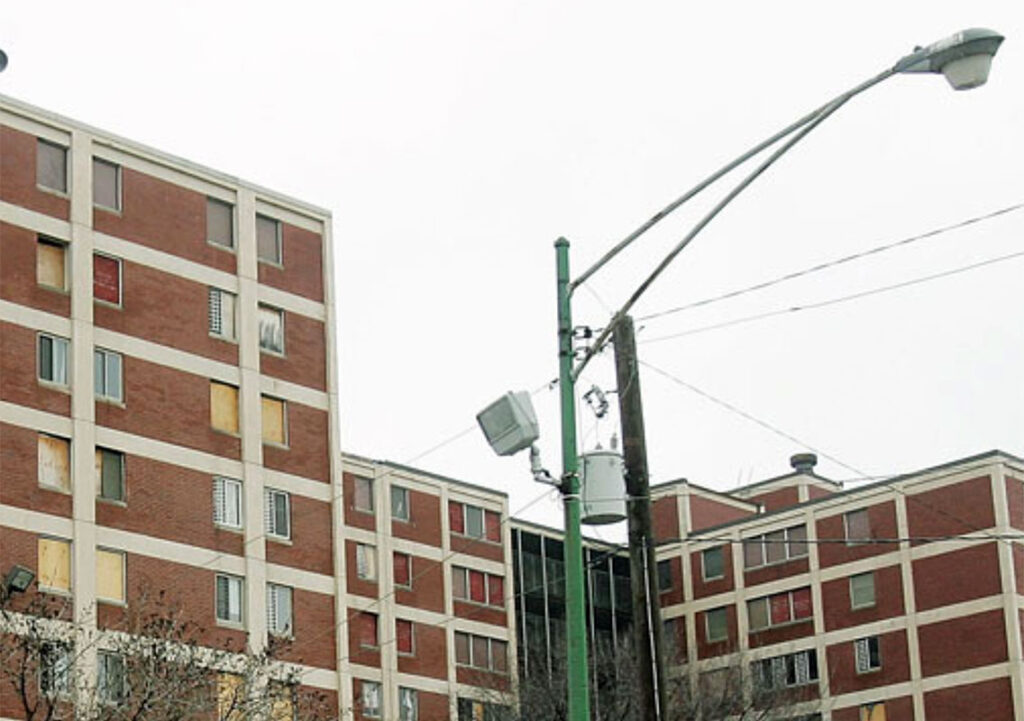 Exterior of a Chicago apartment with lighting fixture